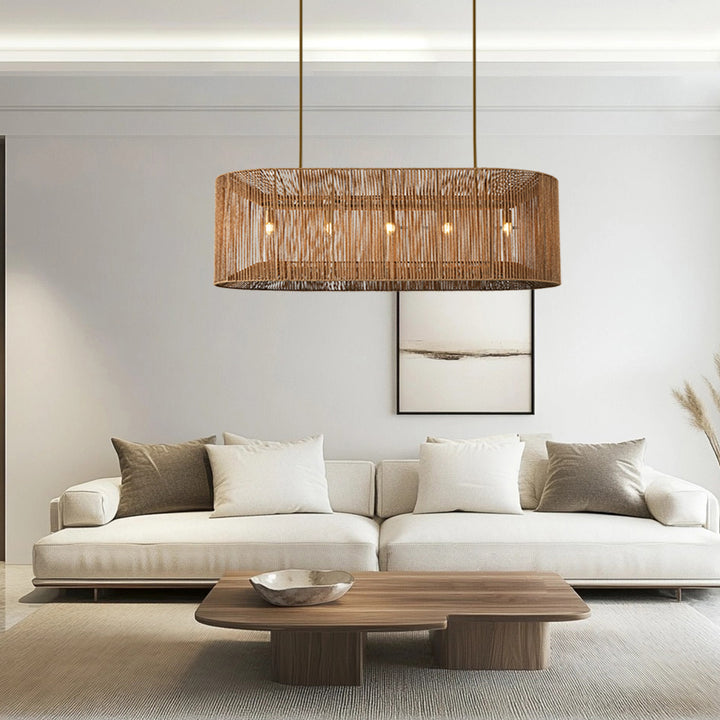 Coastal-Inspired Abaca Rope Linear Iron Chandelier – Dimmer Compatible，Ideal for Dining Room and Modern Living Room Fixtures