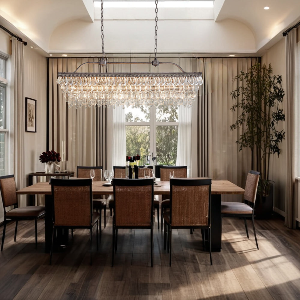 Crystal Raindrop Elegance Rectangular Chandelier - Faceted-Glass Crystals and Rain Drop Display for Dining Room and Living Room Lighting