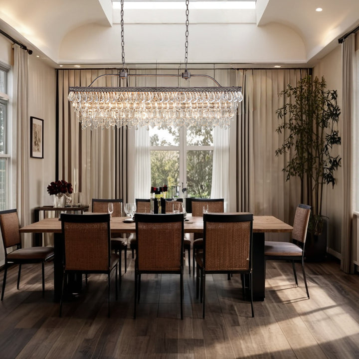 Crystal Raindrop Elegance Rectangular Chandelier - Faceted-Glass Crystals and Rain Drop Display for Dining Room and Living Room Lighting