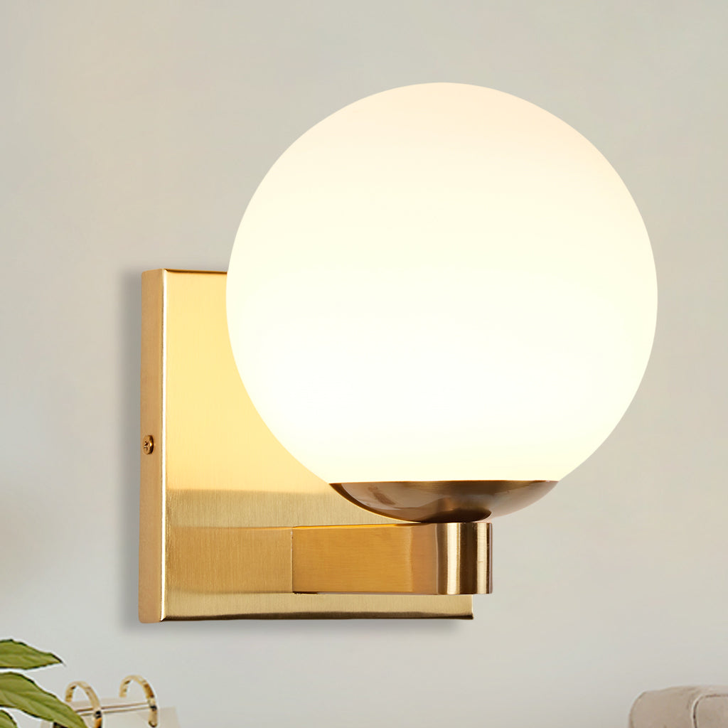 Globe Shade Matte Finish with Brass Accents Single Light Sconce - Blown Glass and Steel Frame for Outdoor, Living Room