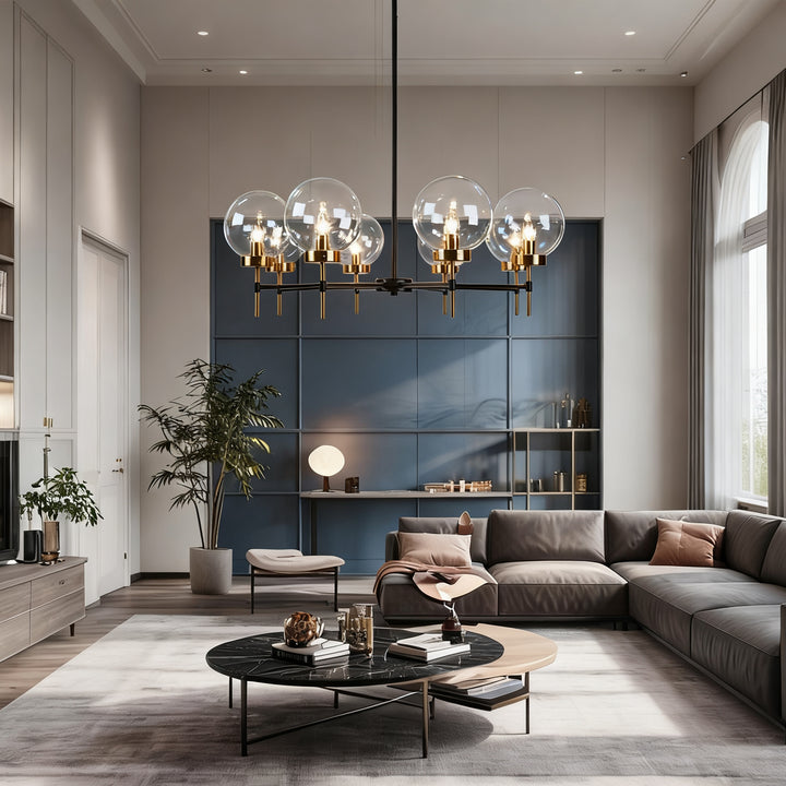 Mid-Century Modern Blown Glass Globe Chandelier - Adjustable Height with Two-Toned Metals for Dining Room, Living Room, and Sitting Room Lighting