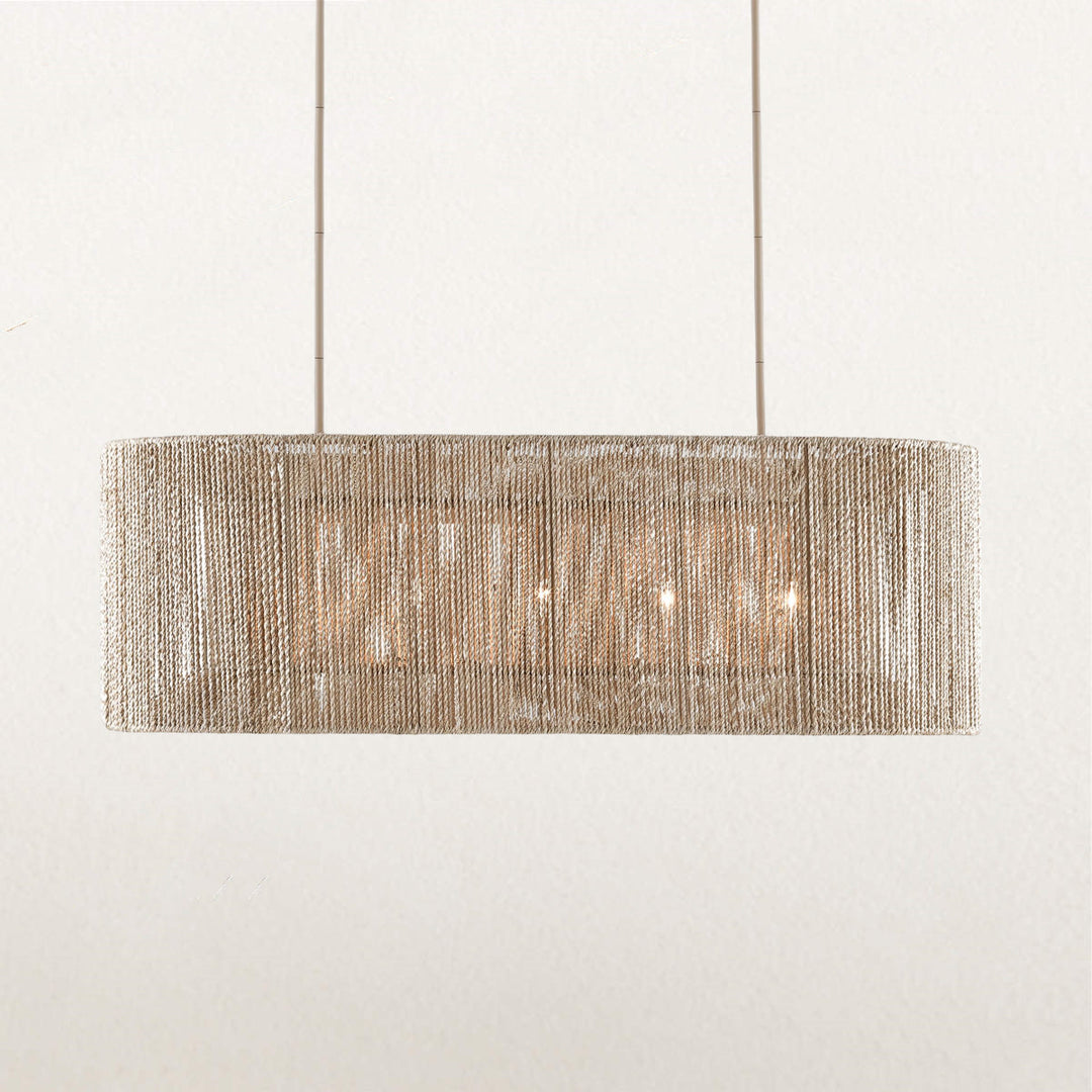 Coastal-Inspired Abaca Rope Linear Iron Chandelier – Dimmer Compatible，Ideal for Dining Room and Modern Living Room Fixtures