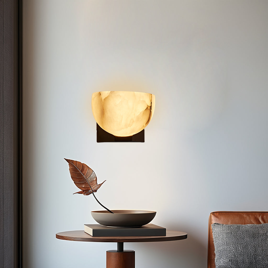 Engraved Elegance Alabaster Sconce: Handcarved Alabaster Wall Light with Globe-like Contours and Burnished Brass for Living Room, Kitchen, or Bedroom Wall Lighting