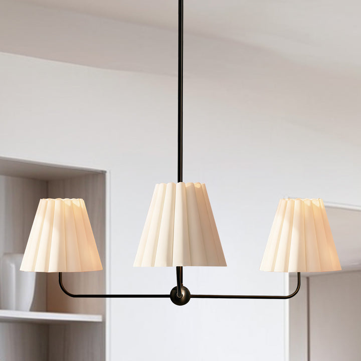 Mid-centry Modern Chandelier with Adjustable Height (18-54"), 3-Light Pendant Light over Table, Scandinavian Kitchen Island Lighting Fixture with Linen Shade for Dining Room Living Room