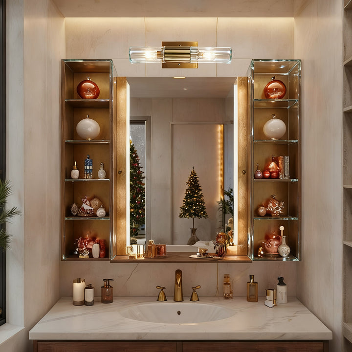 Rustic Geometric Design Double Tube Wall Sconce - Damp Rated Hand-Cut Glass Fixture for Bathroom, Bedroom Wall Sconces, and Wall Lamps