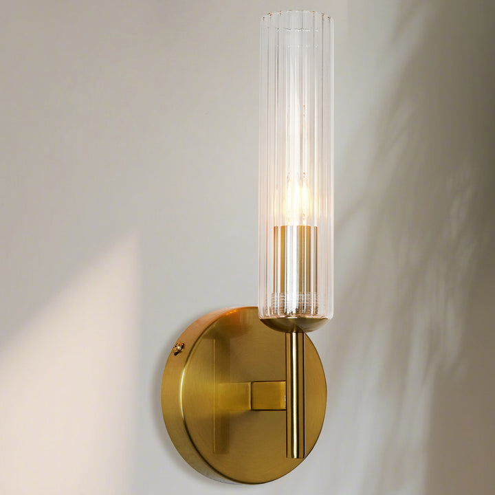 Antique Bronze Tube Sconce with Ribbed Glass Shade and Cylindrical Design for Versatile Indoor Lighting