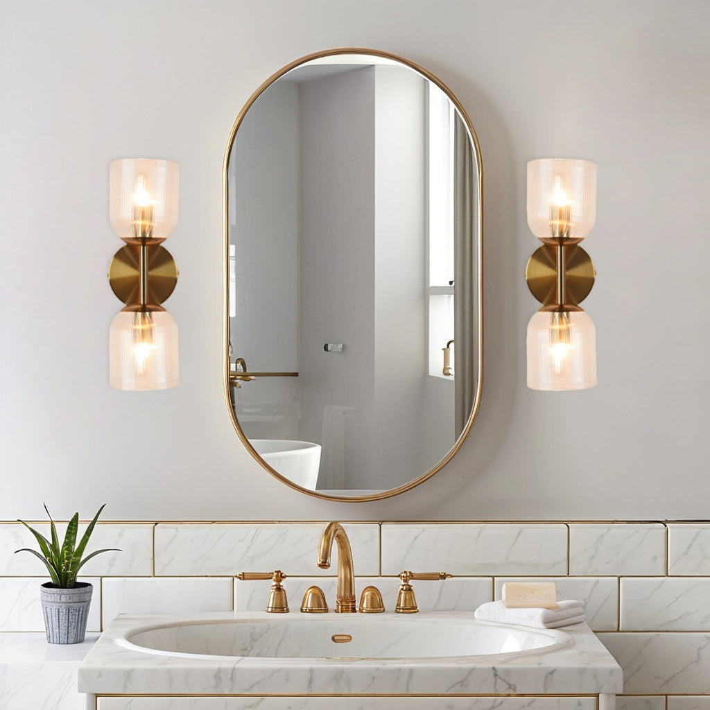 Antique Bronze Double Sconce with Ribbed Glass Shades and Bell-Shaped Design for Durable Indoor Lighting