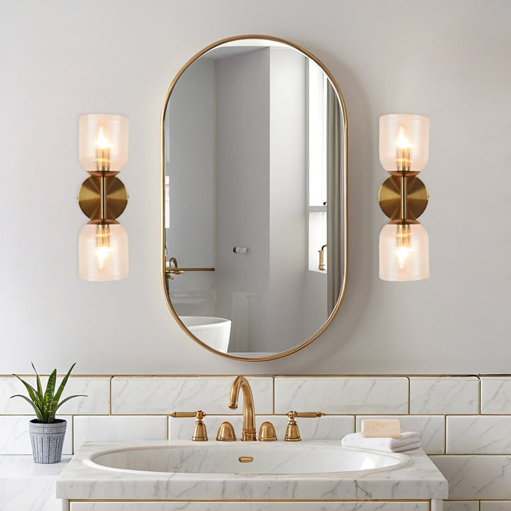 Antique Bronze Double Sconce with Ribbed Glass Shades and Bell-Shaped Design for Durable Indoor Lighting