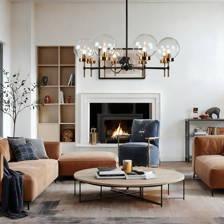 Mid-Century Modern Blown Glass Globe Chandelier - Adjustable Height with Two-Toned Metals for Dining Room, Living Room, and Sitting Room Lighting