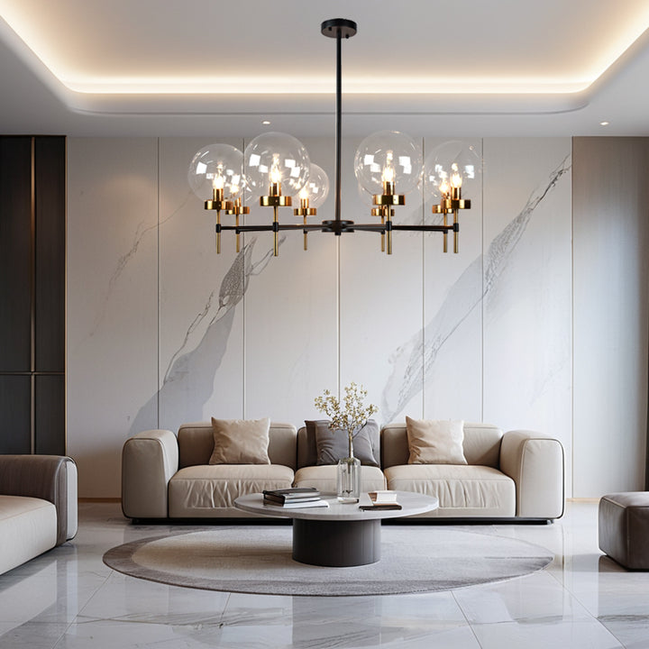 Mid-Century Modern Blown Glass Globe Chandelier - Adjustable Height with Two-Toned Metals for Dining Room, Living Room, and Sitting Room Lighting
