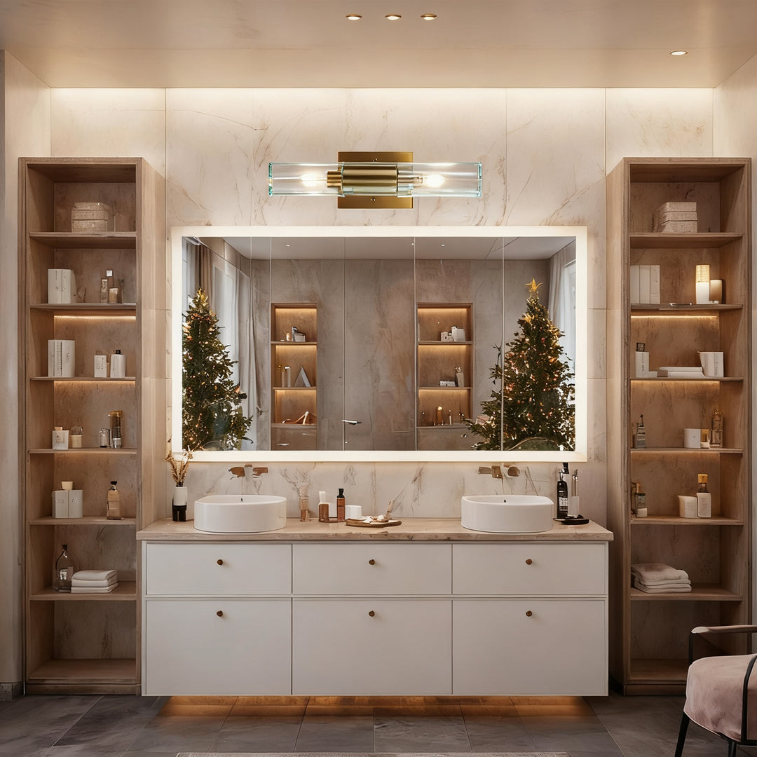 Rustic Geometric Design Double Tube Wall Sconce - Damp Rated Hand-Cut Glass Fixture for Bathroom, Bedroom Wall Sconces, and Wall Lamps