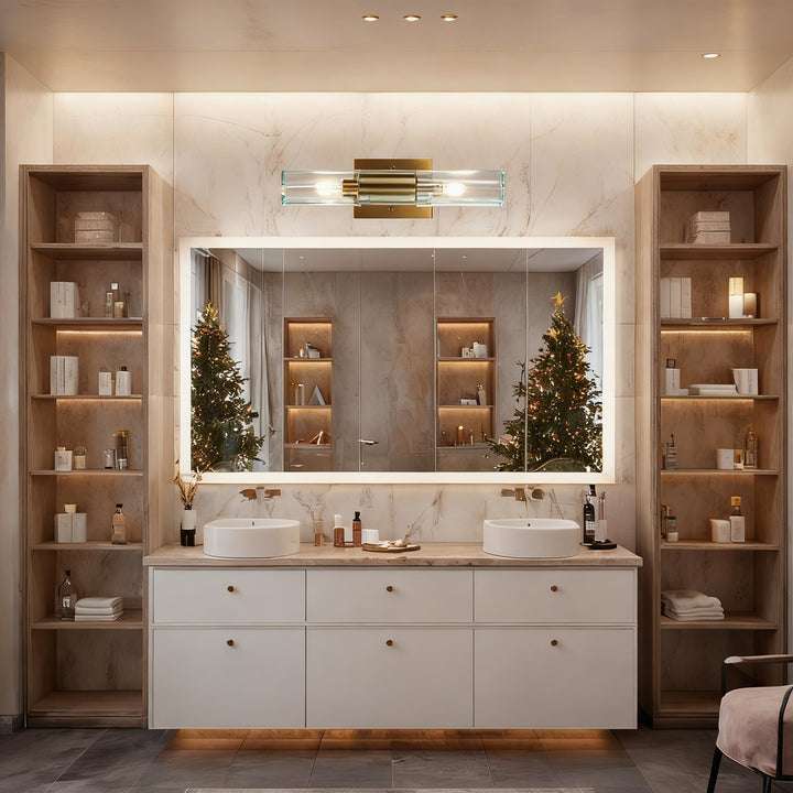 Rustic Geometric Design Double Tube Wall Sconce - Damp Rated Hand-Cut Glass Fixture for Bathroom, Bedroom Wall Sconces, and Wall Lamps