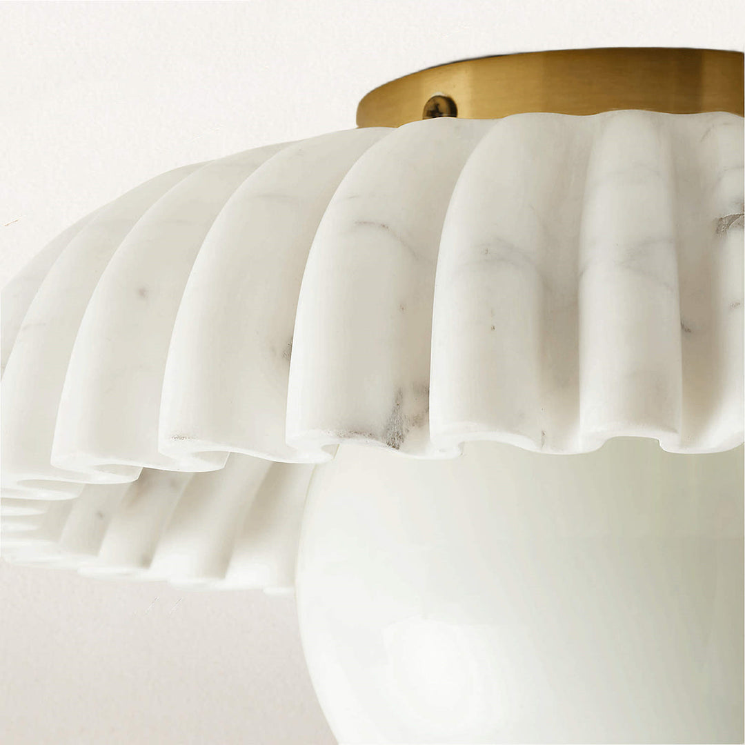 Luxury Marble Radiance Flush Mount: Vintage Fluted Marble with Glossy White Globe Shade for Bedroom Ceiling Fixtures, Living Room Ceiling Lamps, or Bedroom Light Fixtures