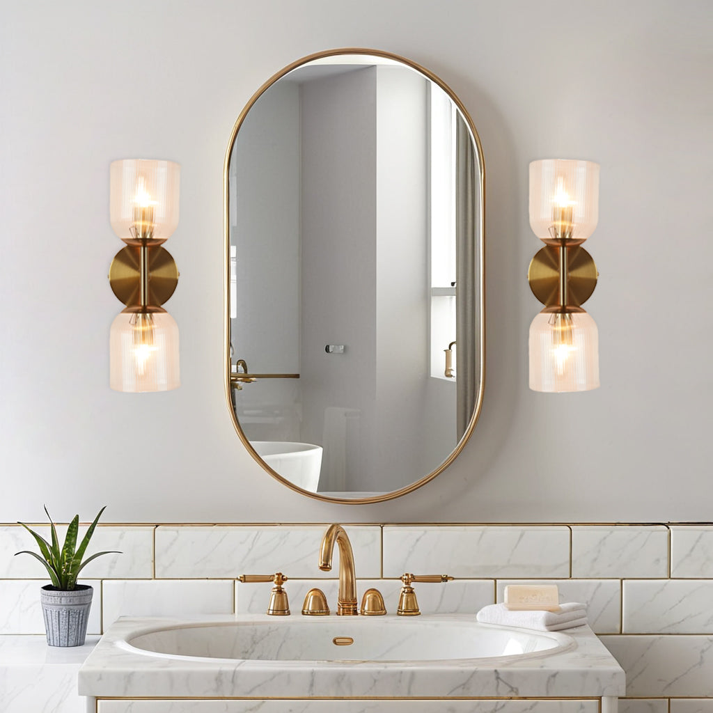Antique Bronze Double Sconce with Ribbed Glass Shades and Bell-Shaped Design for Durable Indoor Lighting