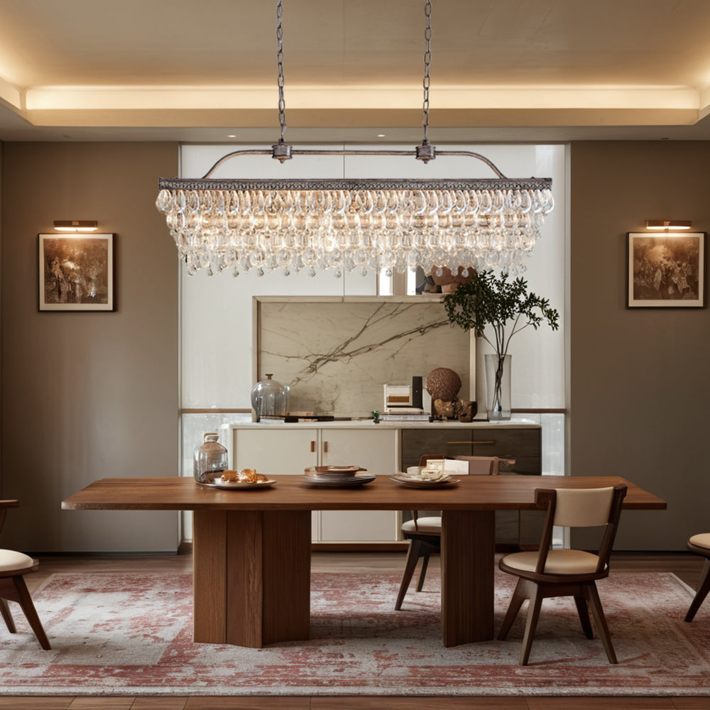 Crystal Raindrop Elegance Rectangular Chandelier - Faceted-Glass Crystals and Rain Drop Display for Dining Room and Living Room Lighting