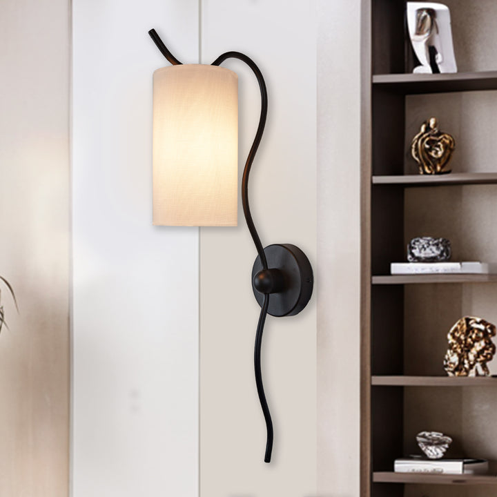 Mid-Century Single Light Wall Sconce with White Linen Shade, Industrial Wall Mounted Lamp with Wavy Black Forged Iron Arm, Hardwired Night Light for Bedroom, Living Room, Hallway