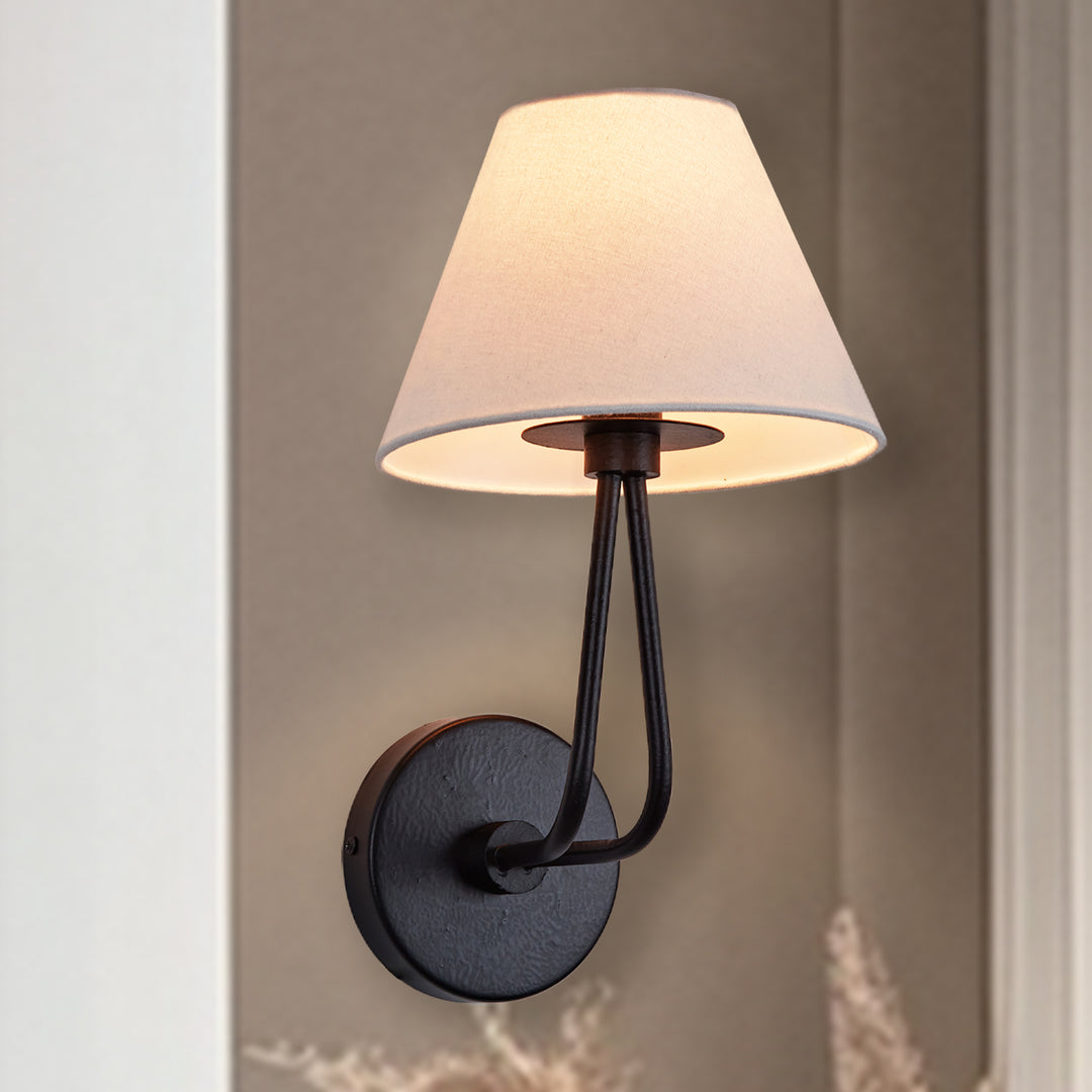 Classic Wall Lighting with Cream Linen Shade, Mid-century Modern Wall Mounted Lamp with Antique Hand-painted Metal Finish, Hardwired Light Fixture for Bedroom, Living Room, Corridor, Entryway