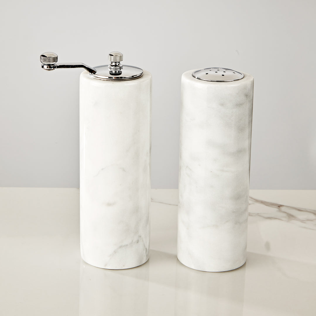 French White Marble Salt and Pepper Set with Grey Veining and Stainless Steel Shaker Plate for Stylish Kitchen and Dining Room Use