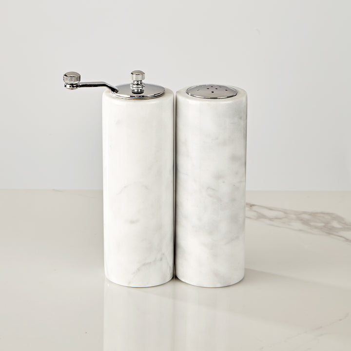 French White Marble Salt and Pepper Set with Grey Veining and Stainless Steel Shaker Plate for Stylish Kitchen and Dining Room Use