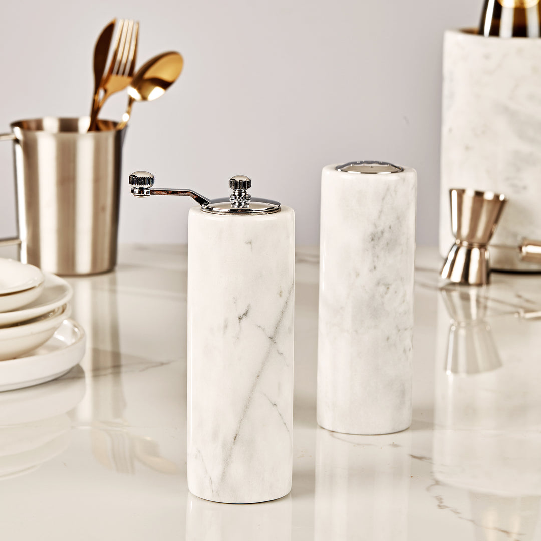 French White Marble Salt and Pepper Set with Grey Veining and Stainless Steel Shaker Plate for Stylish Kitchen and Dining Room Use