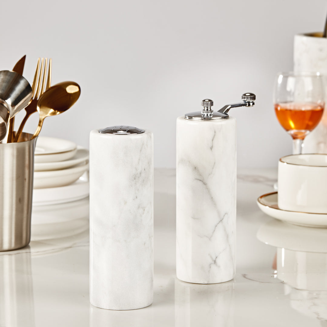 French White Marble Salt and Pepper Set with Grey Veining and Stainless Steel Shaker Plate for Stylish Kitchen and Dining Room Use