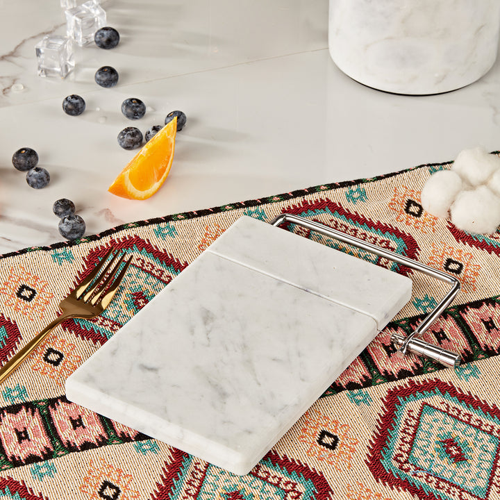 White Marble Cheese Board with Stainless Steel Slicer - Unique Grey Veining and Grooved Design for Dining Room and Kitchen Elegance