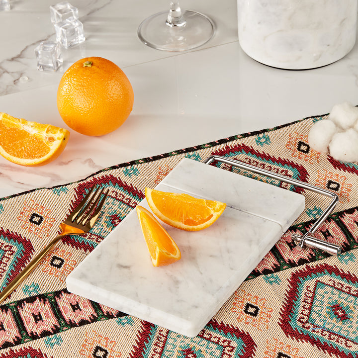 White Marble Cheese Board with Stainless Steel Slicer - Unique Grey Veining and Grooved Design for Dining Room and Kitchen Elegance