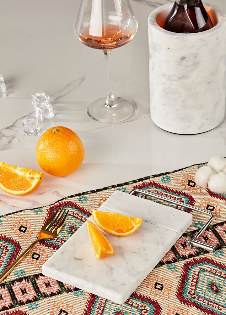 White Marble Cheese Board with Stainless Steel Slicer - Unique Grey Veining and Grooved Design for Dining Room and Kitchen Elegance