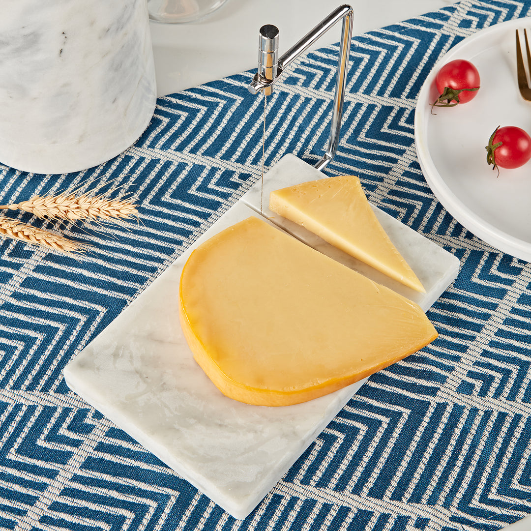 White Marble Cheese Board with Stainless Steel Slicer - Unique Grey Veining and Grooved Design for Dining Room and Kitchen Elegance