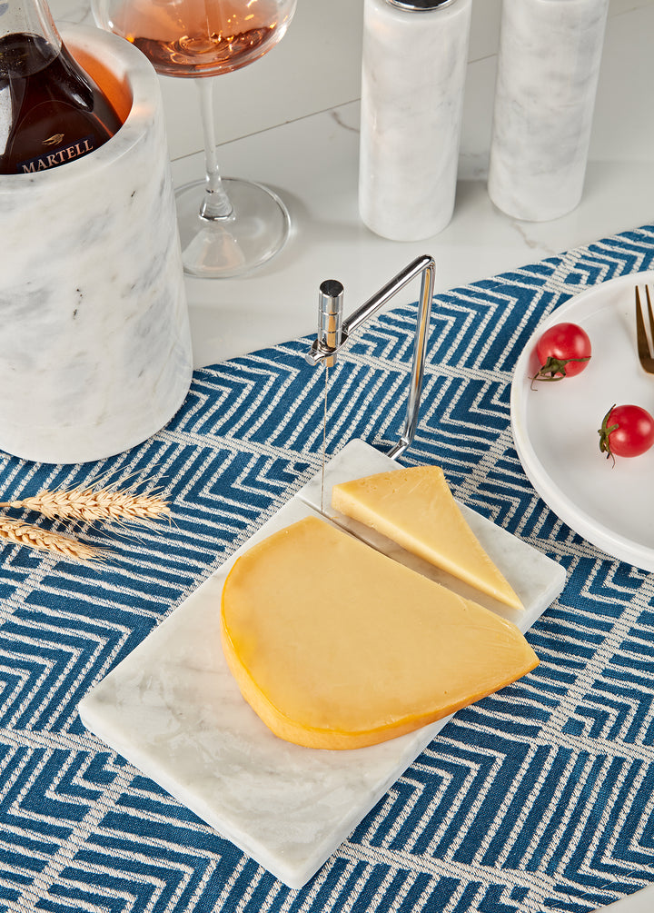 White Marble Cheese Board with Stainless Steel Slicer - Unique Grey Veining and Grooved Design for Dining Room and Kitchen Elegance