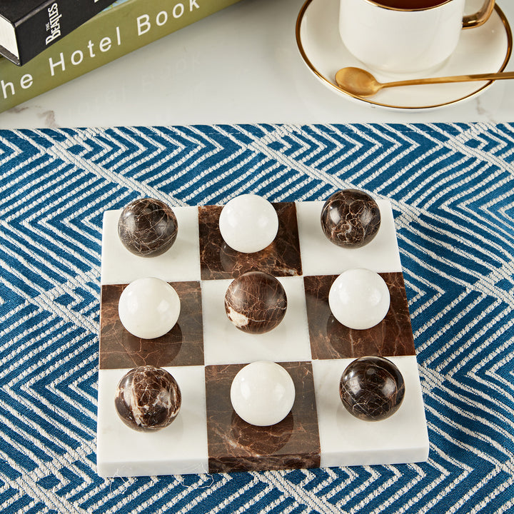 Dual Marble Classic Tic-Tac-Toe Board - Handmade Decorative Board with Baswara and Italian Brown Marble - Perfect for Marble Tic Tac Toe Game and Marble Board Tabletop Games