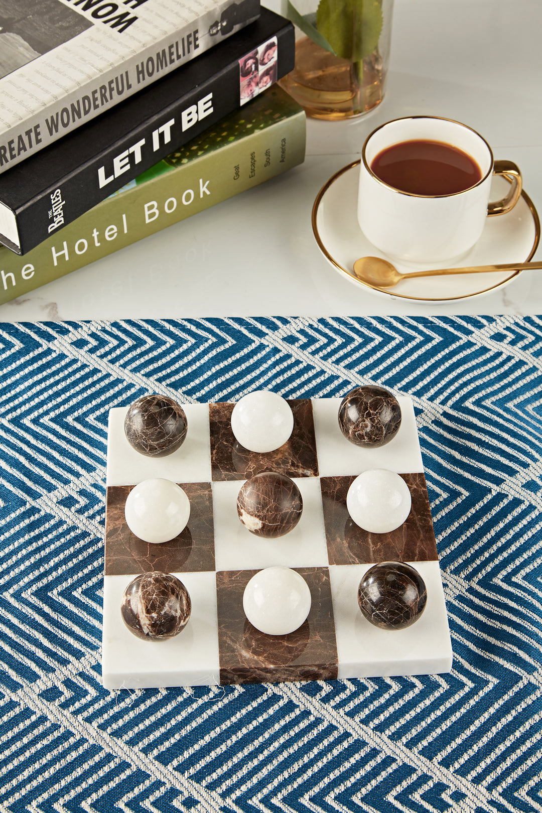 Dual Marble Classic Tic-Tac-Toe Board - Handmade Decorative Board with Baswara and Italian Brown Marble - Perfect for Marble Tic Tac Toe Game and Marble Board Tabletop Games