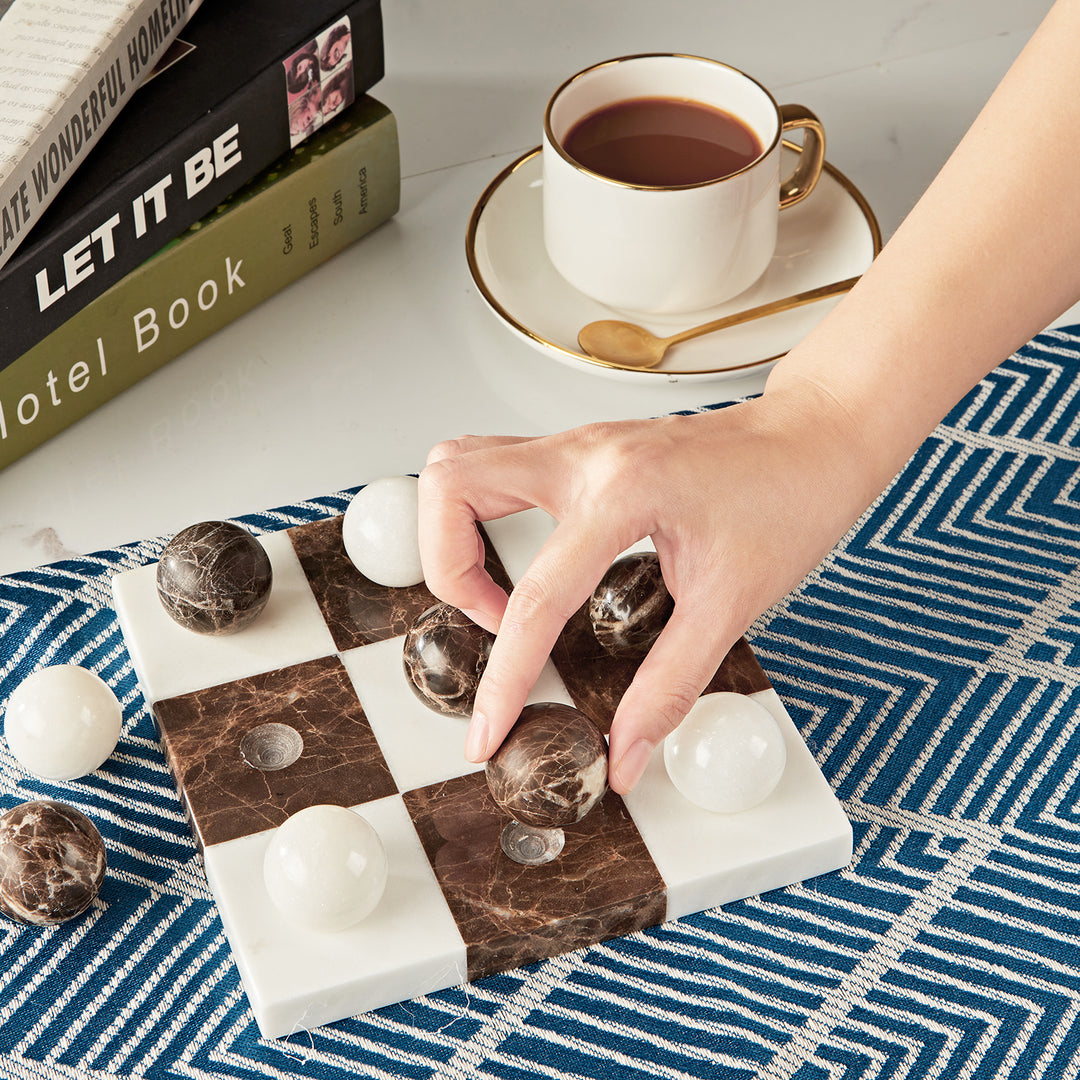 Dual Marble Classic Tic-Tac-Toe Board - Handmade Decorative Board with Baswara and Italian Brown Marble - Perfect for Marble Tic Tac Toe Game and Marble Board Tabletop Games