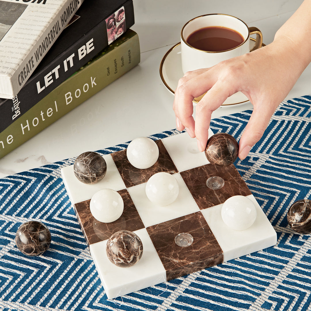 Dual Marble Classic Tic-Tac-Toe Board - Handmade Decorative Board with Baswara and Italian Brown Marble - Perfect for Marble Tic Tac Toe Game and Marble Board Tabletop Games