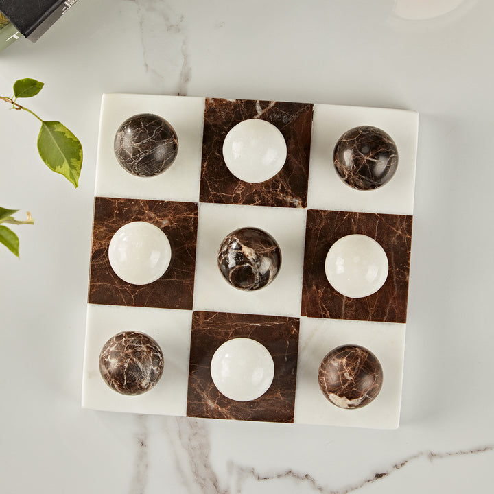 Dual Marble Classic Tic-Tac-Toe Board - Handmade Decorative Board with Baswara and Italian Brown Marble - Perfect for Marble Tic Tac Toe Game and Marble Board Tabletop Games