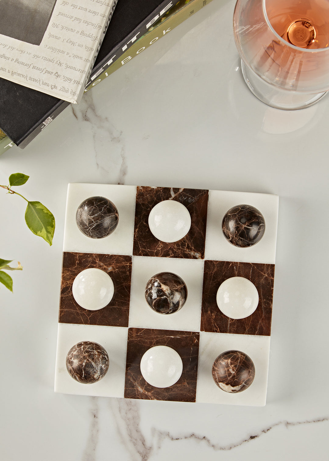 Dual Marble Classic Tic-Tac-Toe Board - Handmade Decorative Board with Baswara and Italian Brown Marble - Perfect for Marble Tic Tac Toe Game and Marble Board Tabletop Games