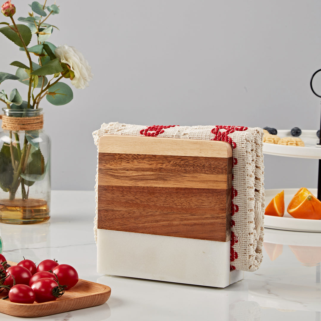 Modern Wood and Marble Napkin Holder - White Marble and Mango Wood Design for Stylish Kitchen and Dining Room Napkin Rings