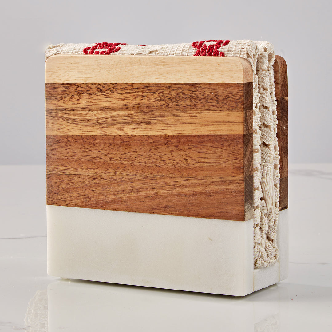 Modern Wood and Marble Napkin Holder - White Marble and Mango Wood Design for Stylish Kitchen and Dining Room Napkin Rings