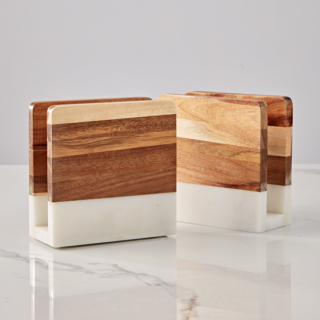 Modern Wood and Marble Napkin Holder - White Marble and Mango Wood Design for Stylish Kitchen and Dining Room Napkin Rings