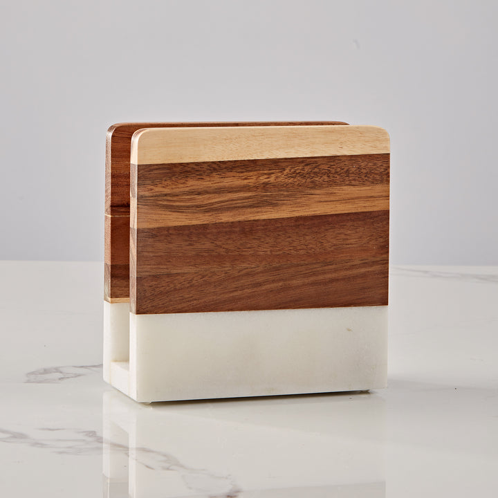 Modern Wood and Marble Napkin Holder - White Marble and Mango Wood Design for Stylish Kitchen and Dining Room Napkin Rings