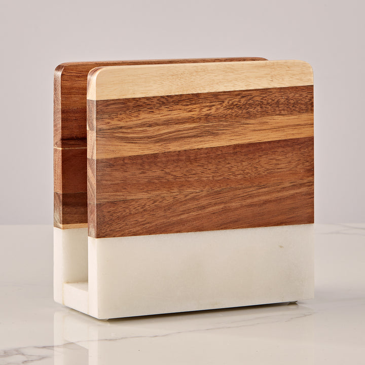 Modern Wood and Marble Napkin Holder - White Marble and Mango Wood Design for Stylish Kitchen and Dining Room Napkin Rings