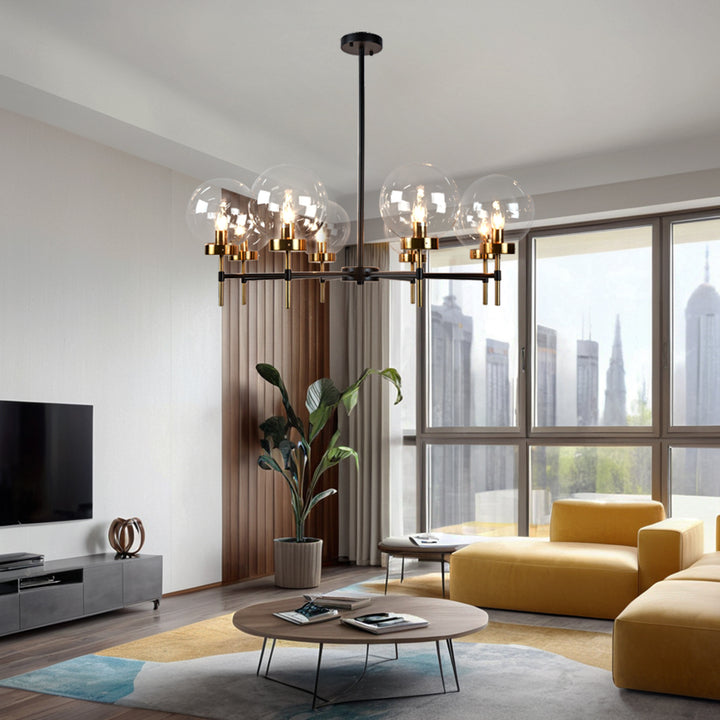 Mid-Century Modern Blown Glass Globe Chandelier - Adjustable Height with Two-Toned Metals for Dining Room, Living Room, and Sitting Room Lighting