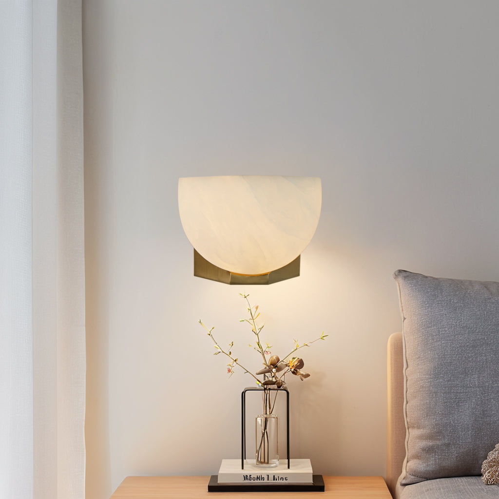 Engraved Elegance Alabaster Sconce: Handcarved Alabaster Wall Light with Globe-like Contours and Burnished Brass for Living Room, Kitchen, or Bedroom Wall Lighting