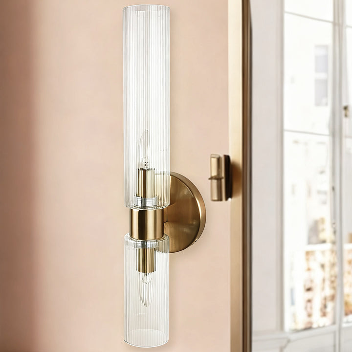 Modern 2-Light Wall Sconce with Clear Fluted Glass, Asymmetrical Double Tube Sconce Wet-rated Bathroom Light Fixture Over Mirror, Hardwired Wall Mount Lamp for Bedroom, Hallway, Living Room