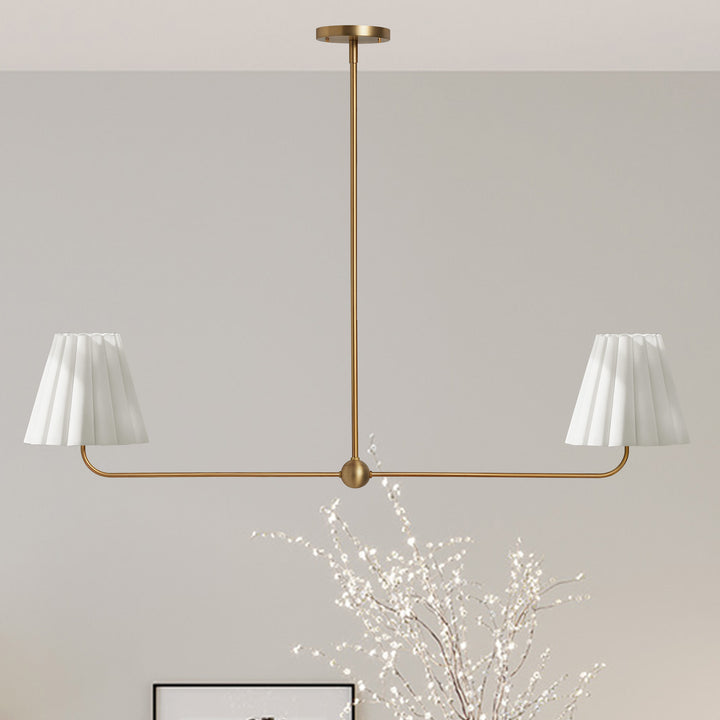 Kitchen Island Lighting with Pleated Linen Shade, 2 Lights Linear Chandelier with Adjustable Height (18-46"), Modern Ceiling Hanging Pendant Light for Dining Room, Living Room, Bedroom