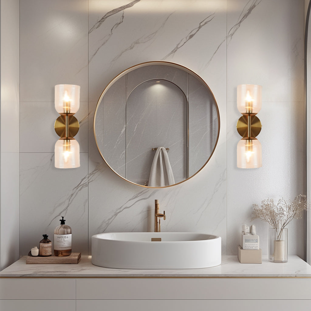 Antique Bronze Double Sconce with Ribbed Glass Shades and Bell-Shaped Design for Durable Indoor Lighting