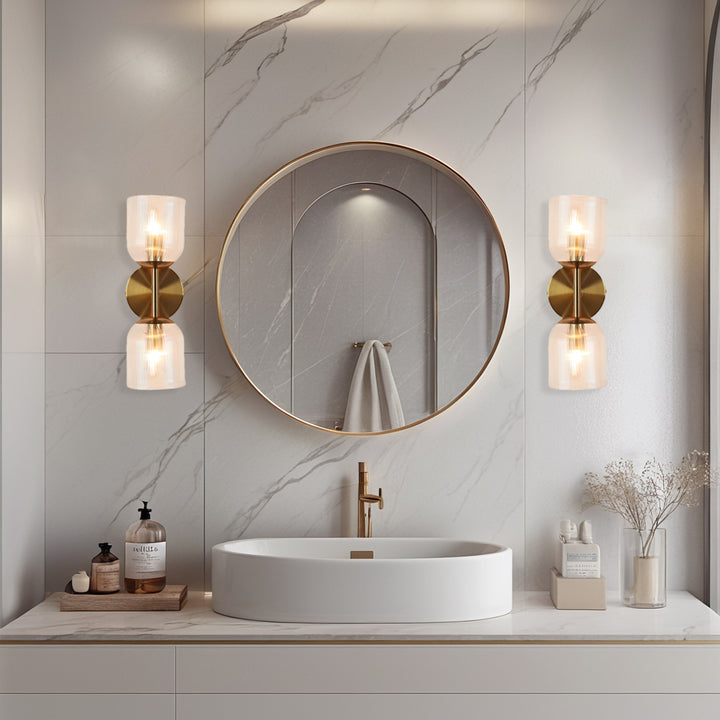 Antique Bronze Double Sconce with Ribbed Glass Shades and Bell-Shaped Design for Durable Indoor Lighting