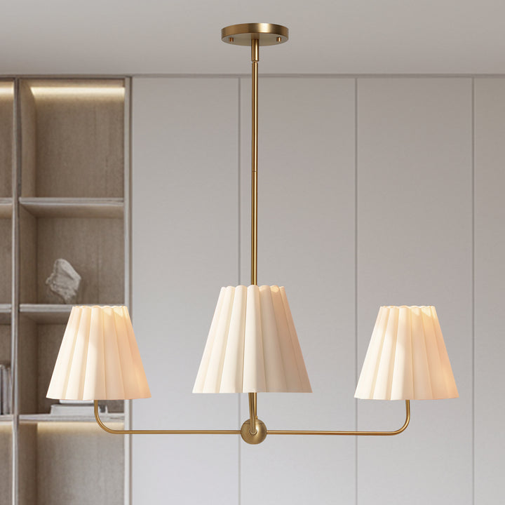 Mid-centry Modern Chandelier with Adjustable Height (18-54"), 3-Light Pendant Light over Table, Scandinavian Kitchen Island Lighting Fixture with Linen Shade for Dining Room Living Room