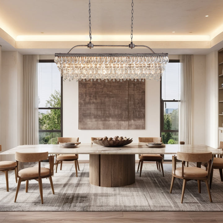 Crystal Raindrop Elegance Rectangular Chandelier - Faceted-Glass Crystals and Rain Drop Display for Dining Room and Living Room Lighting