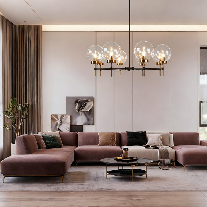 Mid-Century Modern Blown Glass Globe Chandelier - Adjustable Height with Two-Toned Metals for Dining Room, Living Room, and Sitting Room Lighting